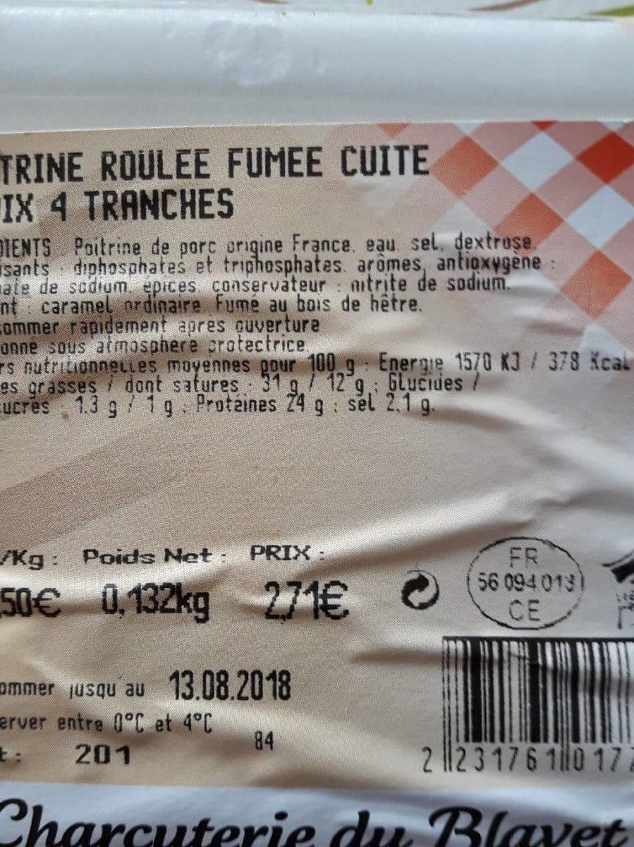 Open Food Facts Poitrine roulée fumée cuite choix 4 tranches packshot