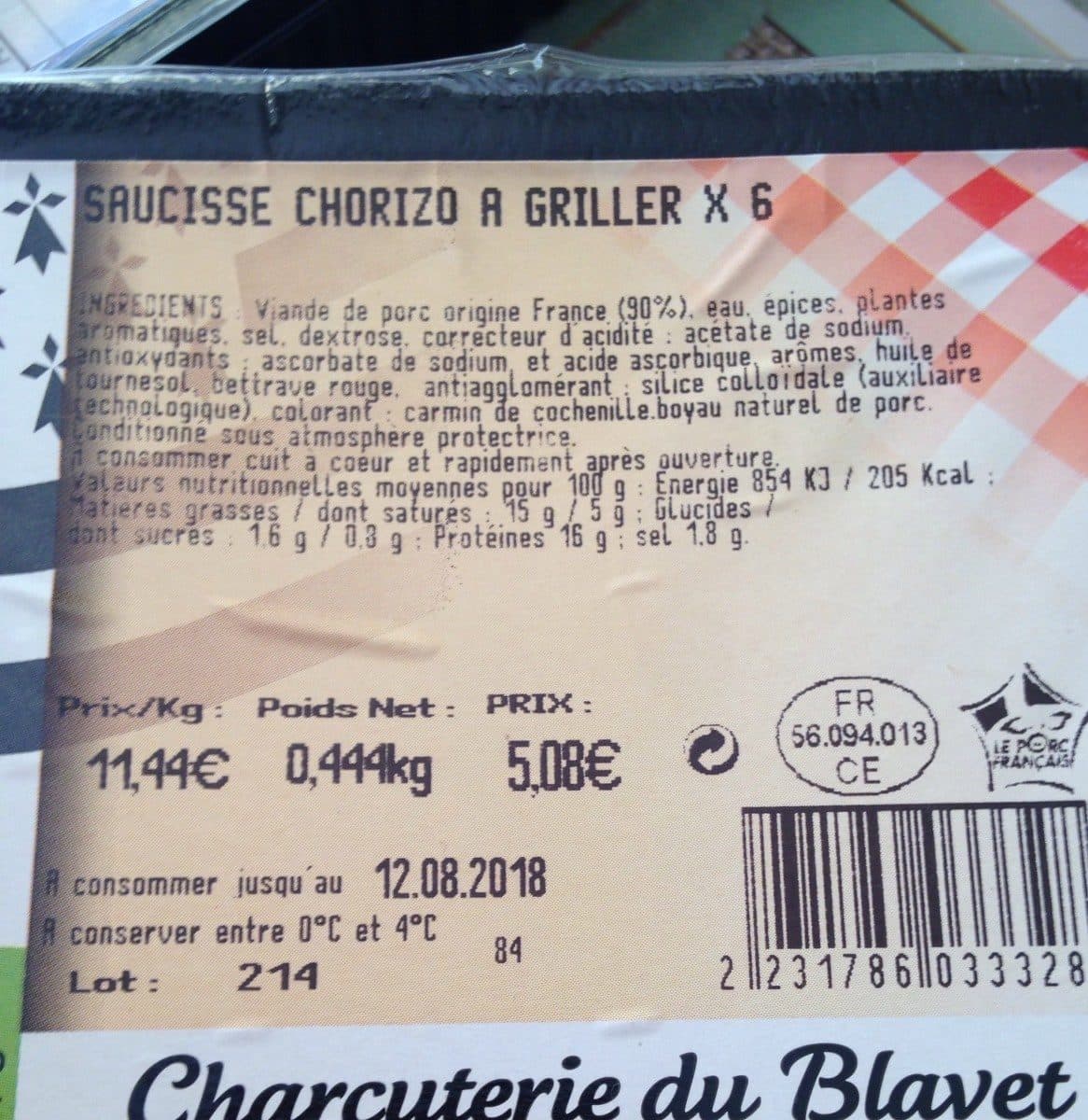 Open Food Facts Saucisse chorizo a griller packshot