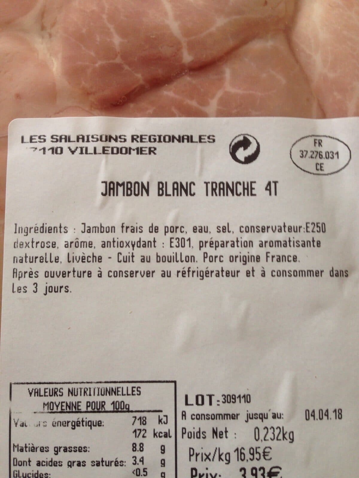 Open Food Facts Jambon blanc tranché 4 tranches packshot