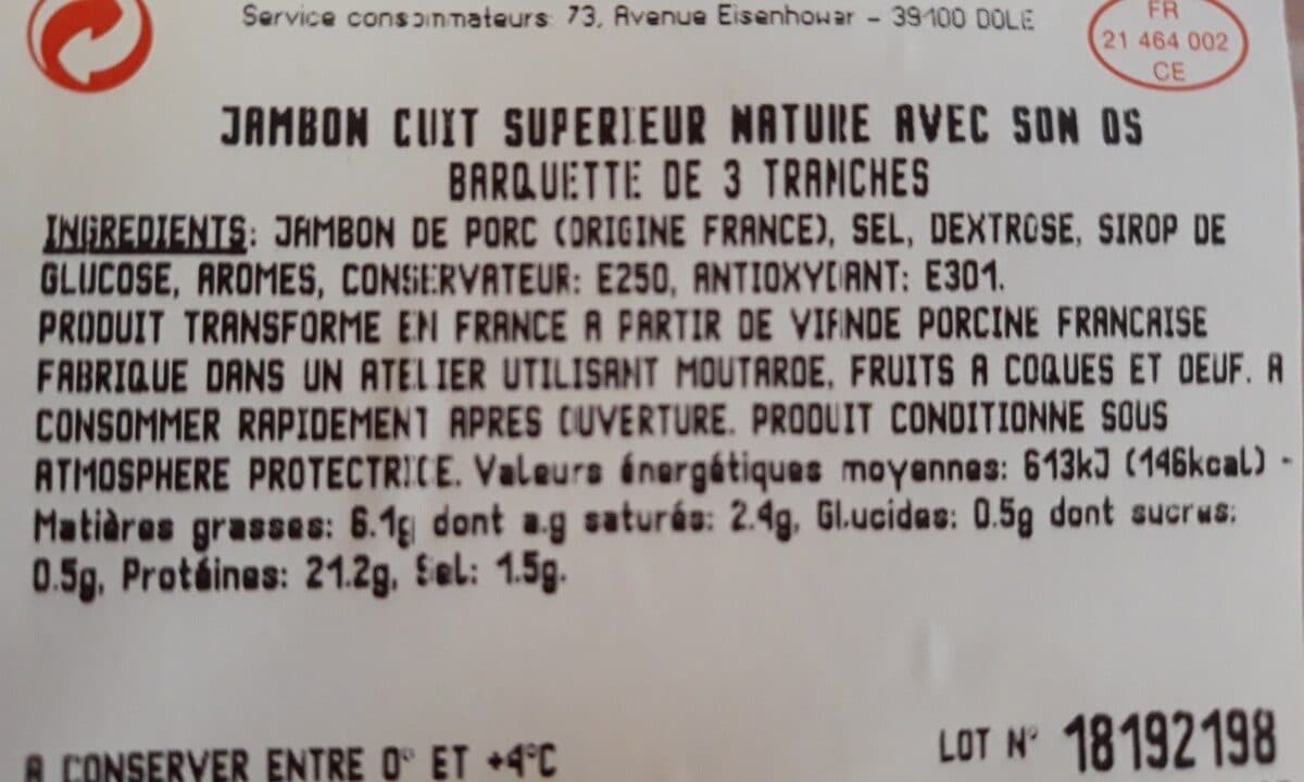 Open Food Facts Jambon cuit supérieur nature avec son os packshot