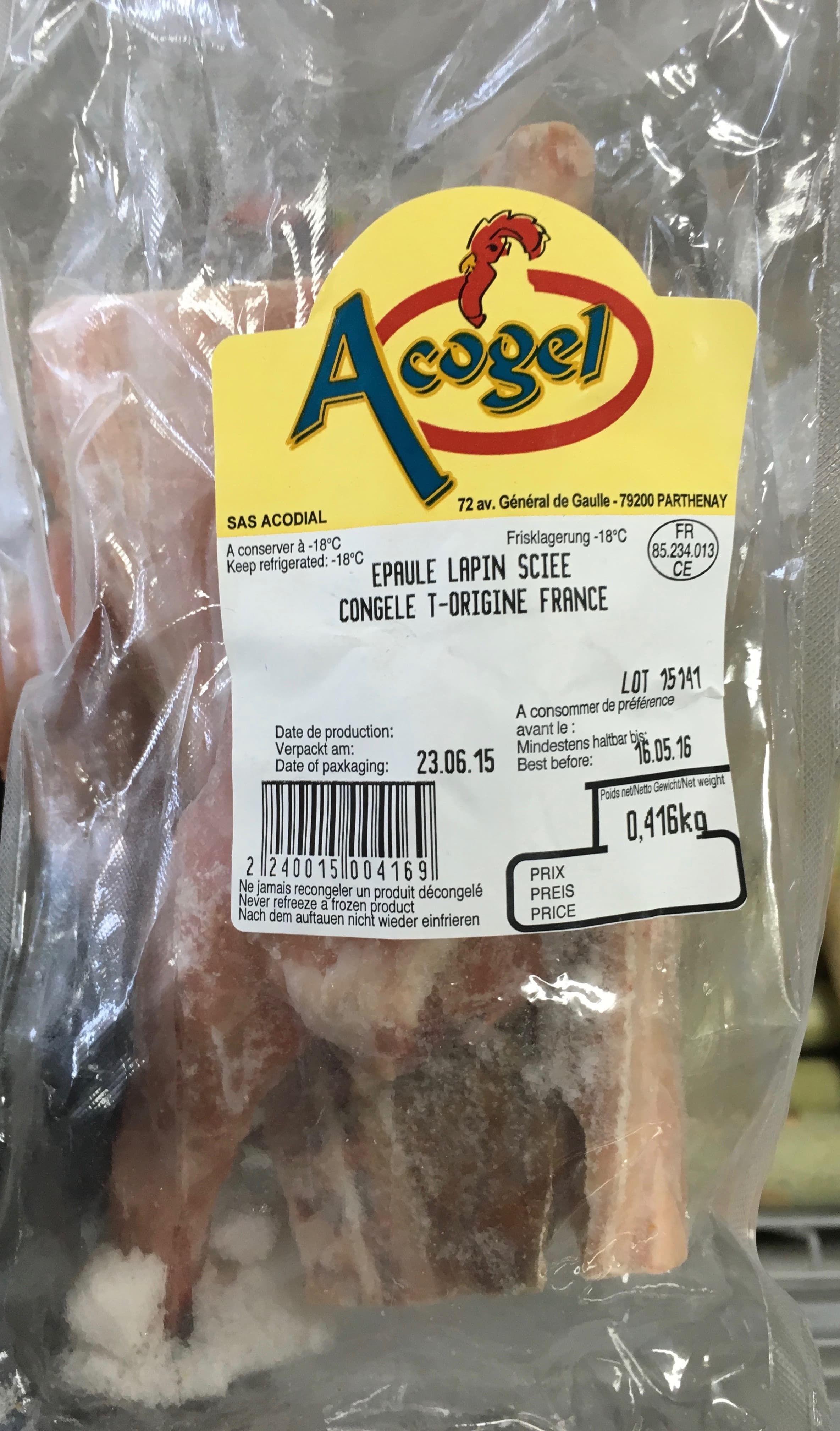 Acogel Epaule Lapin sciée congelé packshot