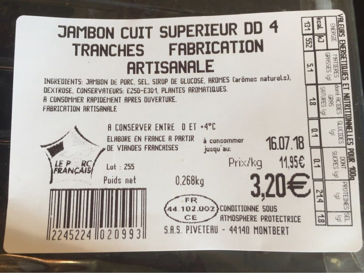 Open Food Facts Jambon cuit superieur DD 4 tranches fabrication artisanale packshot