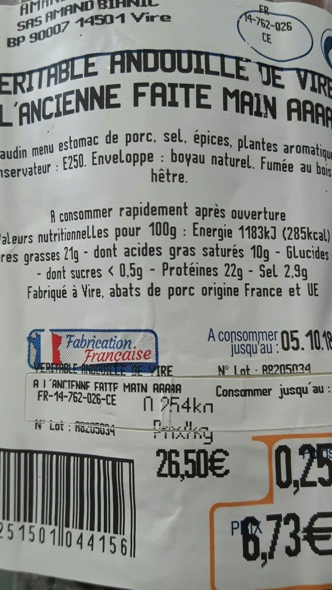 Open Food Facts Véritable andouille de Vire packshot