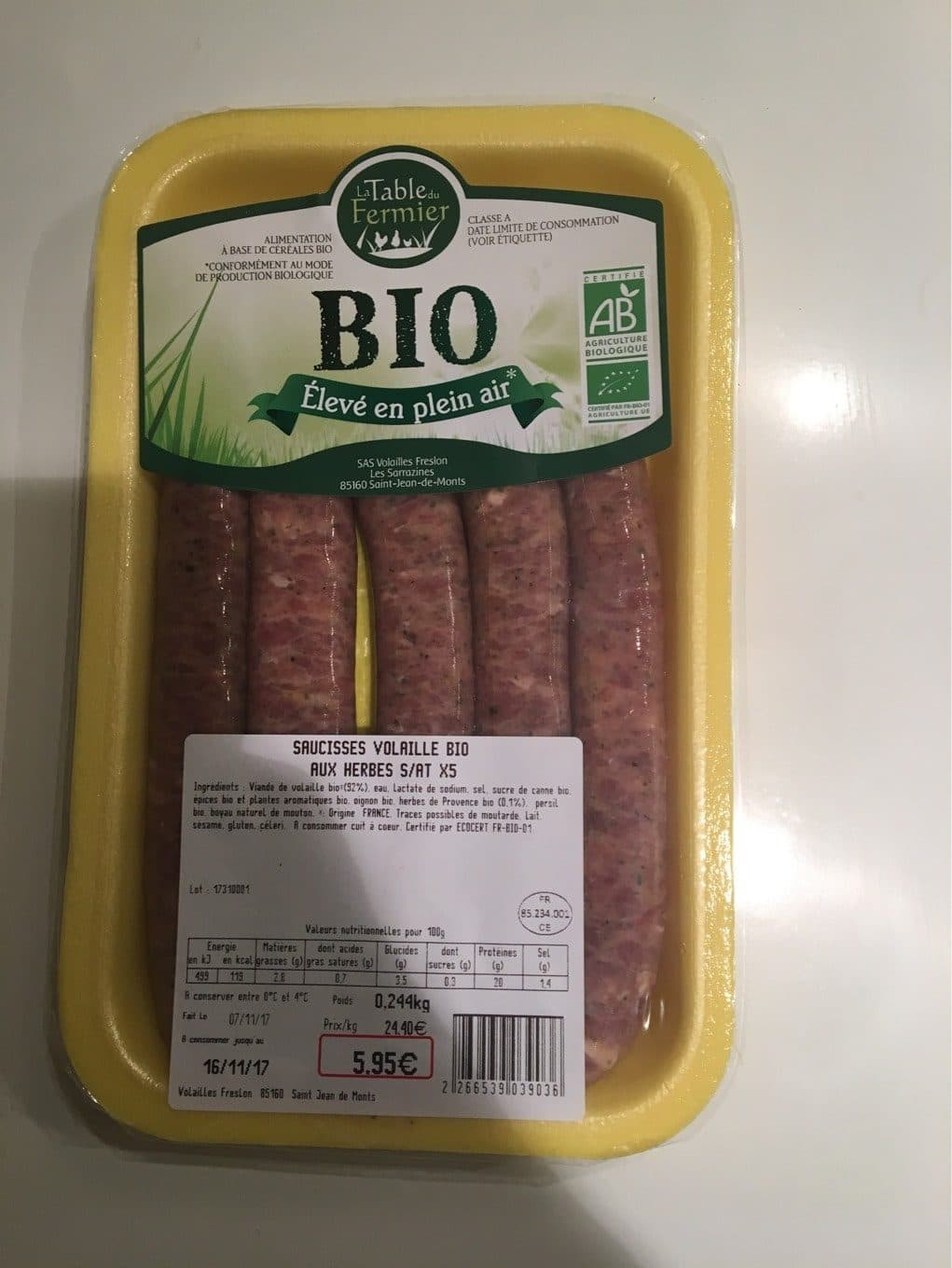 La Table Du Fermier Saucisse volaille Bio packshot
