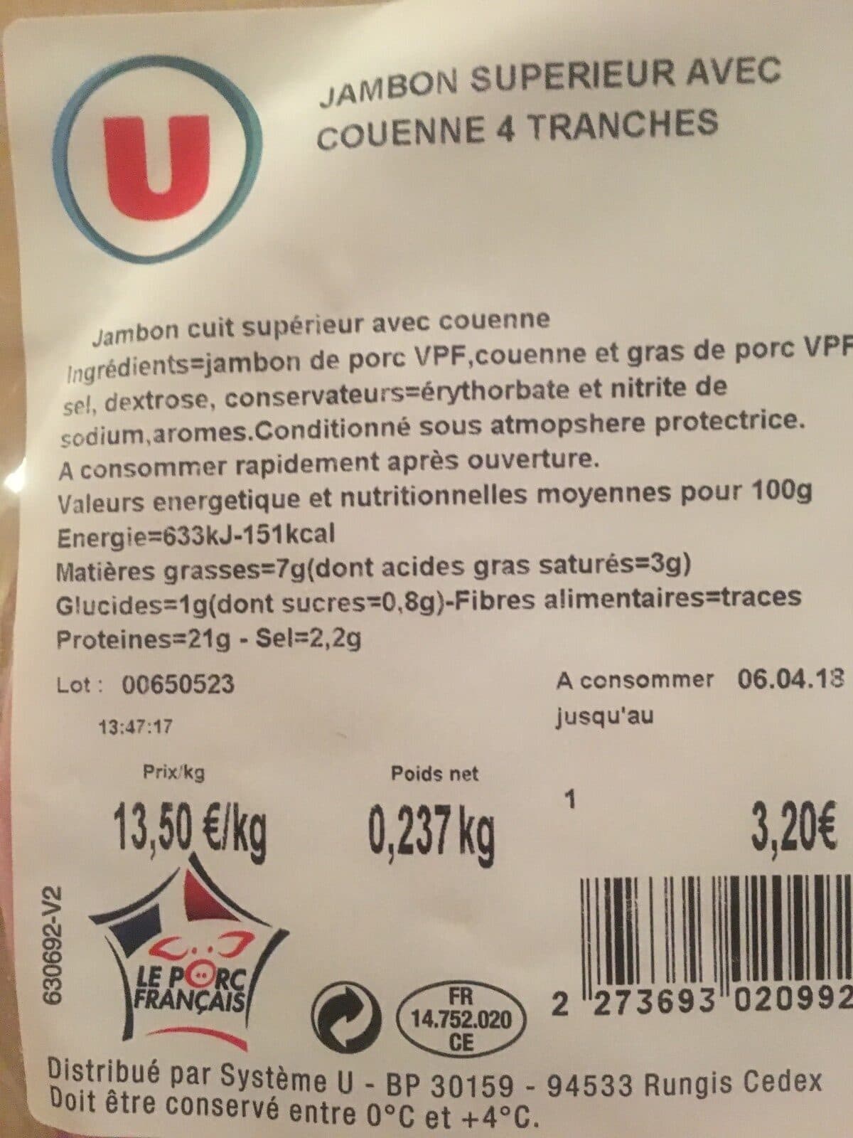 Open Food Facts jambon superieur avec couenne 4 tranches packshot