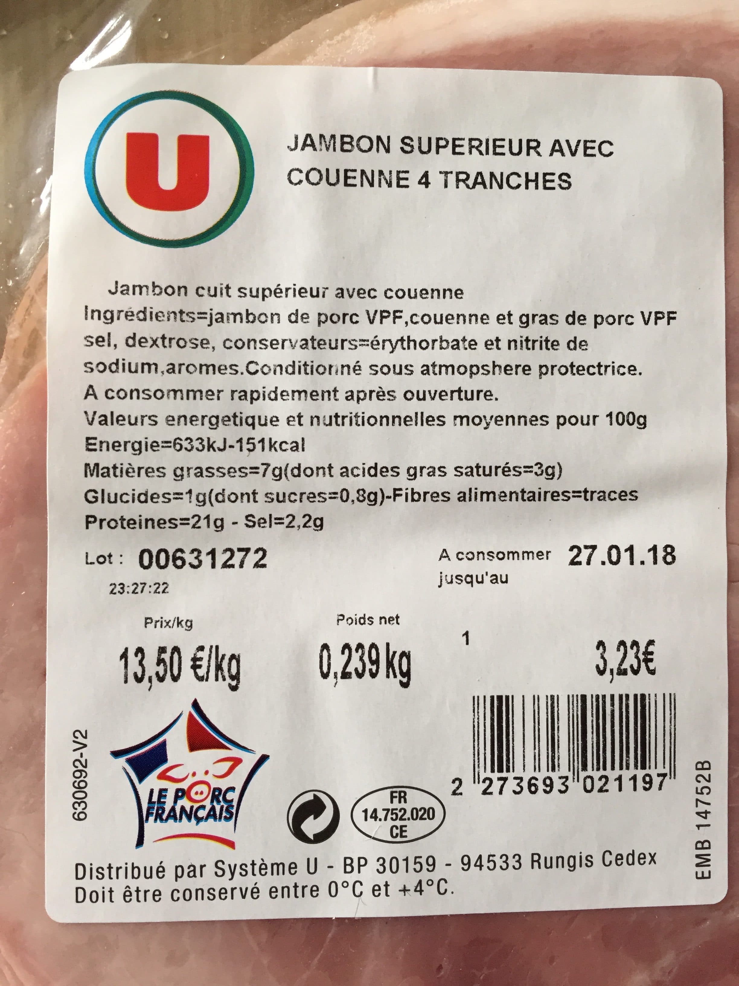 U Jambon supérieur avec couenne 4 tranches packshot
