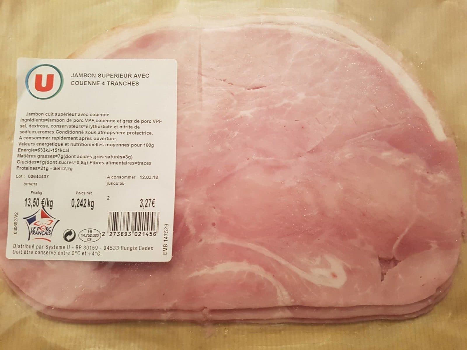 U Jambon cuit supérieur avec couenne packshot