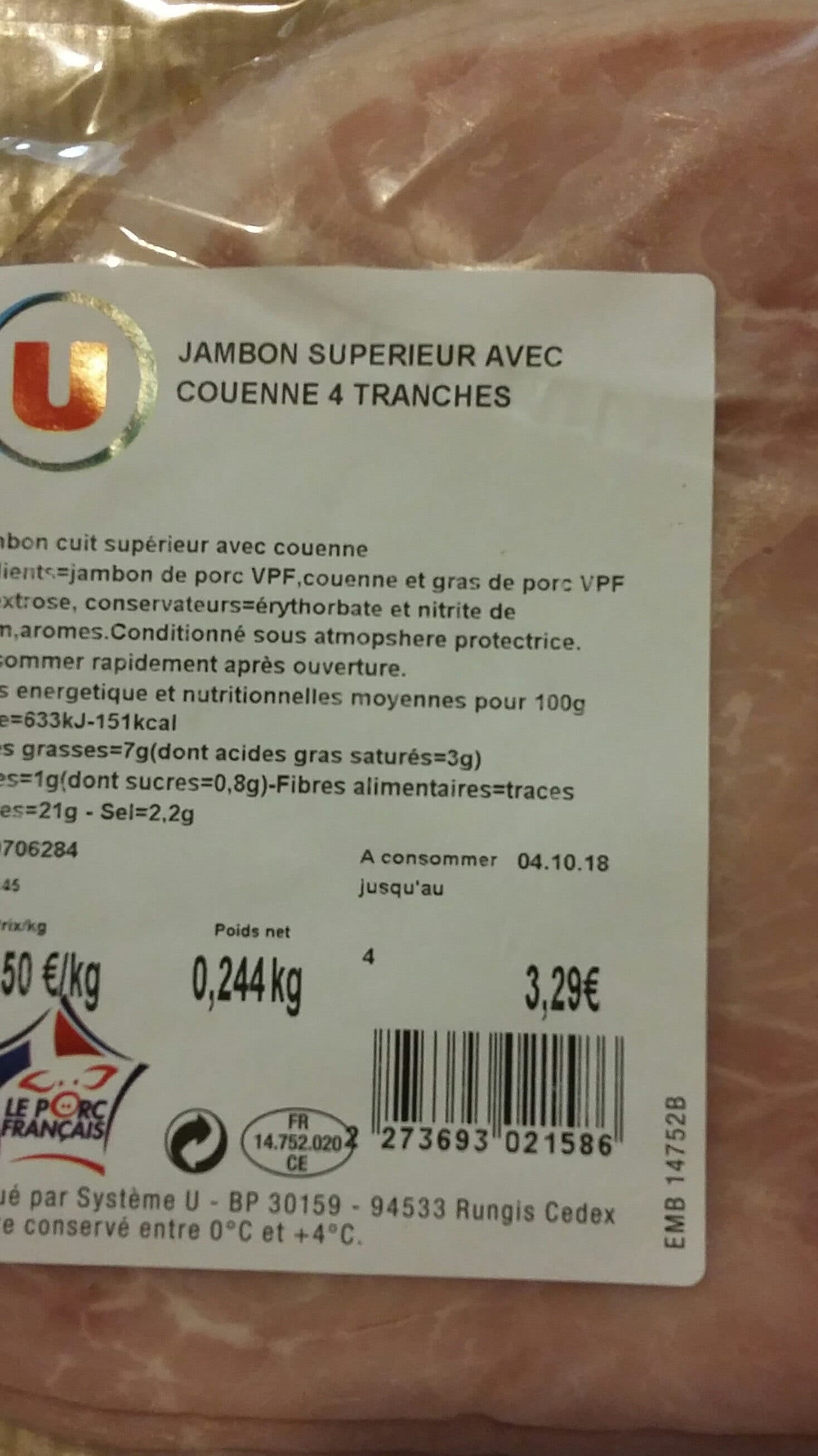 U Jambon supérieur avec couenne packshot