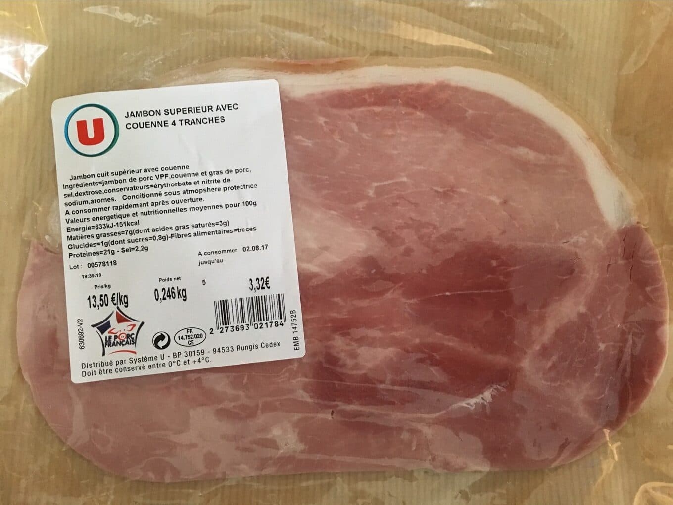 U Jambon supérieur avec couenne 4 tranches packshot