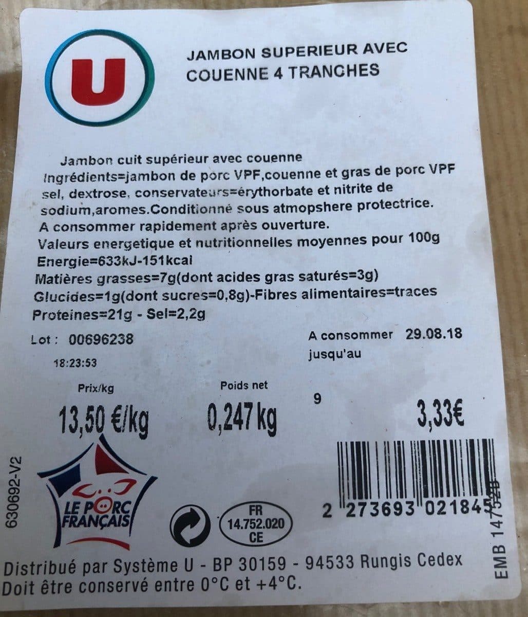 Open Food Facts Jambon supérieur avec couenne 4 tranches packshot