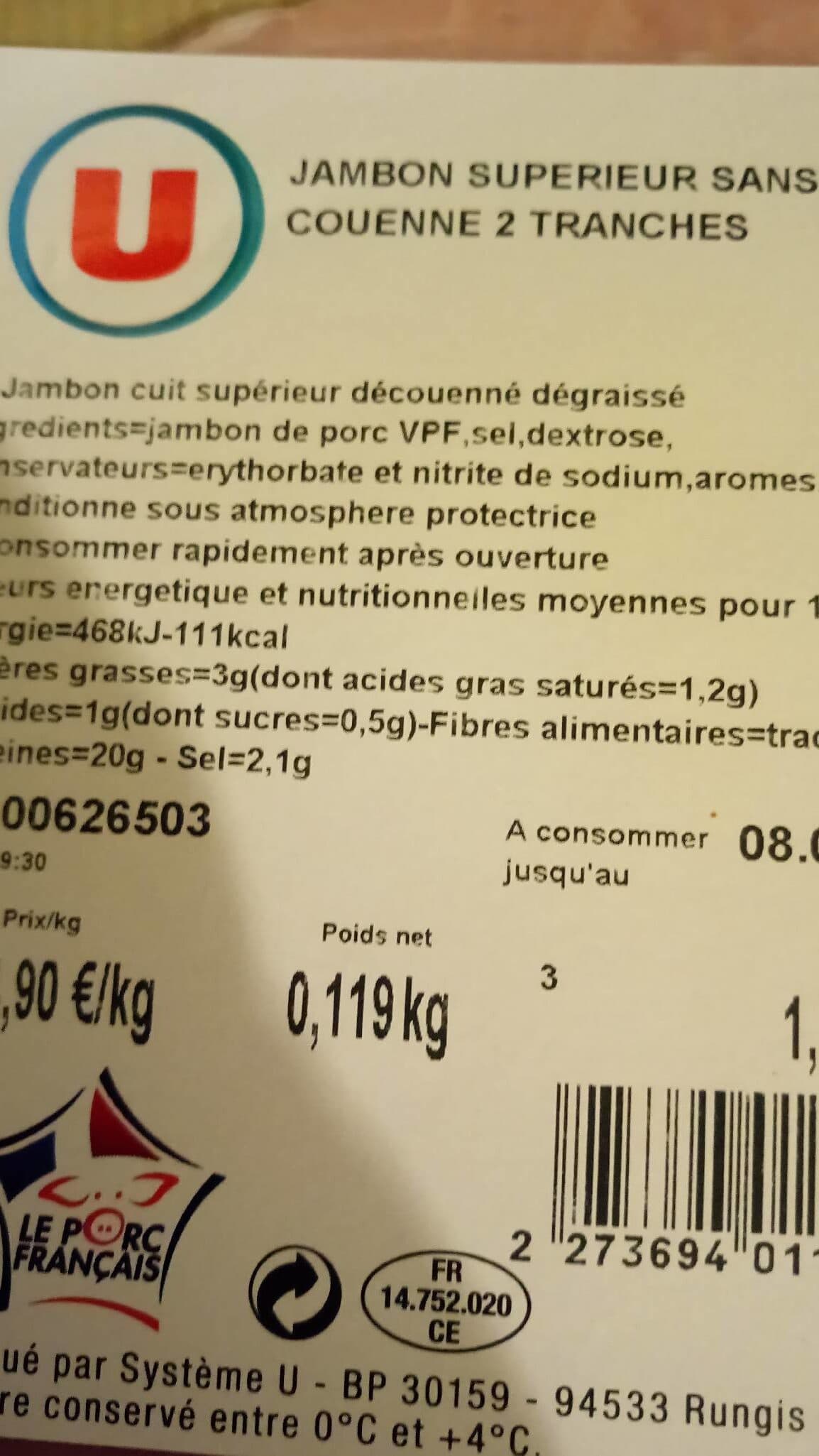 Une Journée Jambon supérieur sans couenne 2 tranches packshot