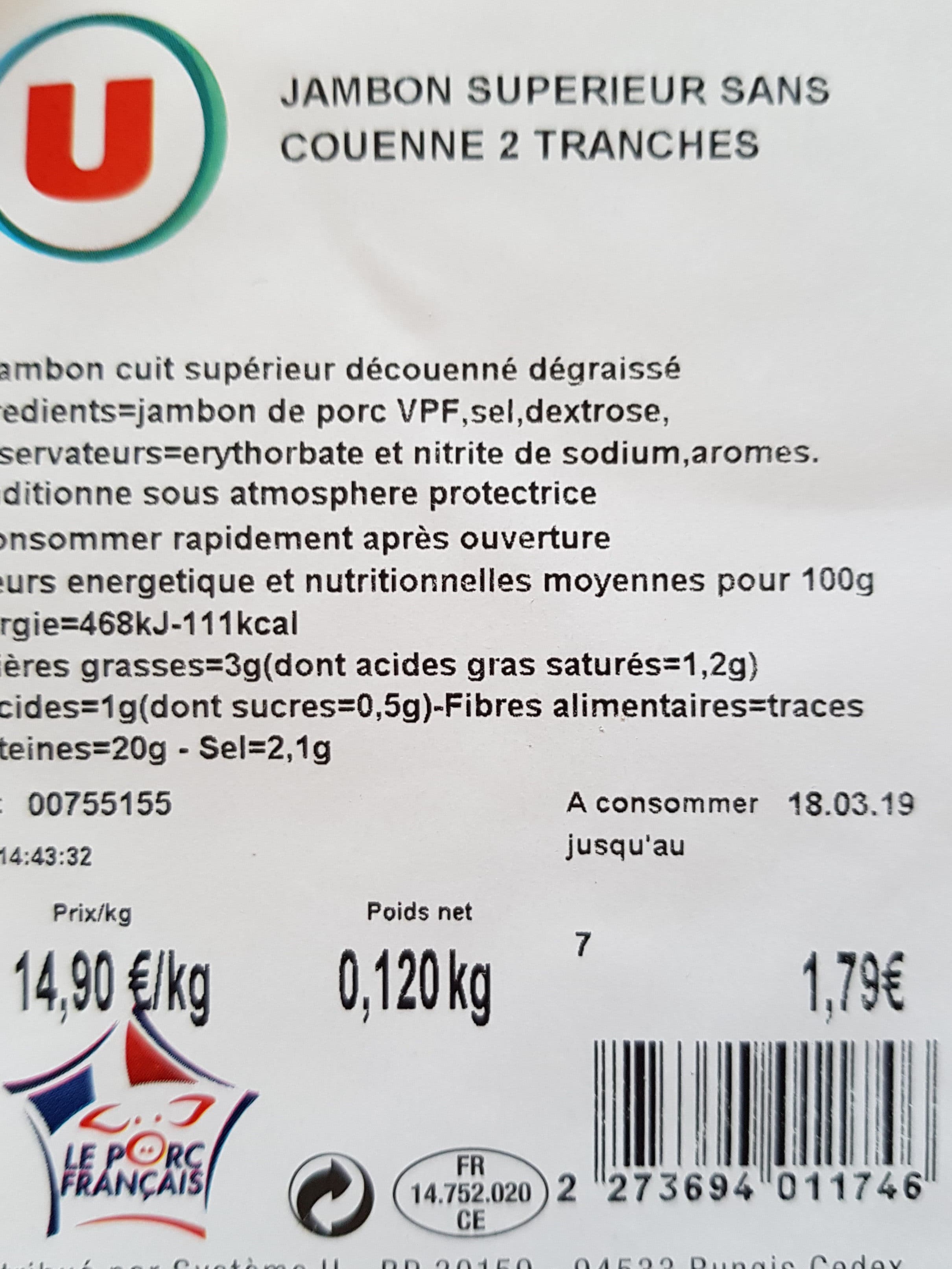U JAMBON SUPERIEUR SANS COUENNE 2 TRANCHES packshot