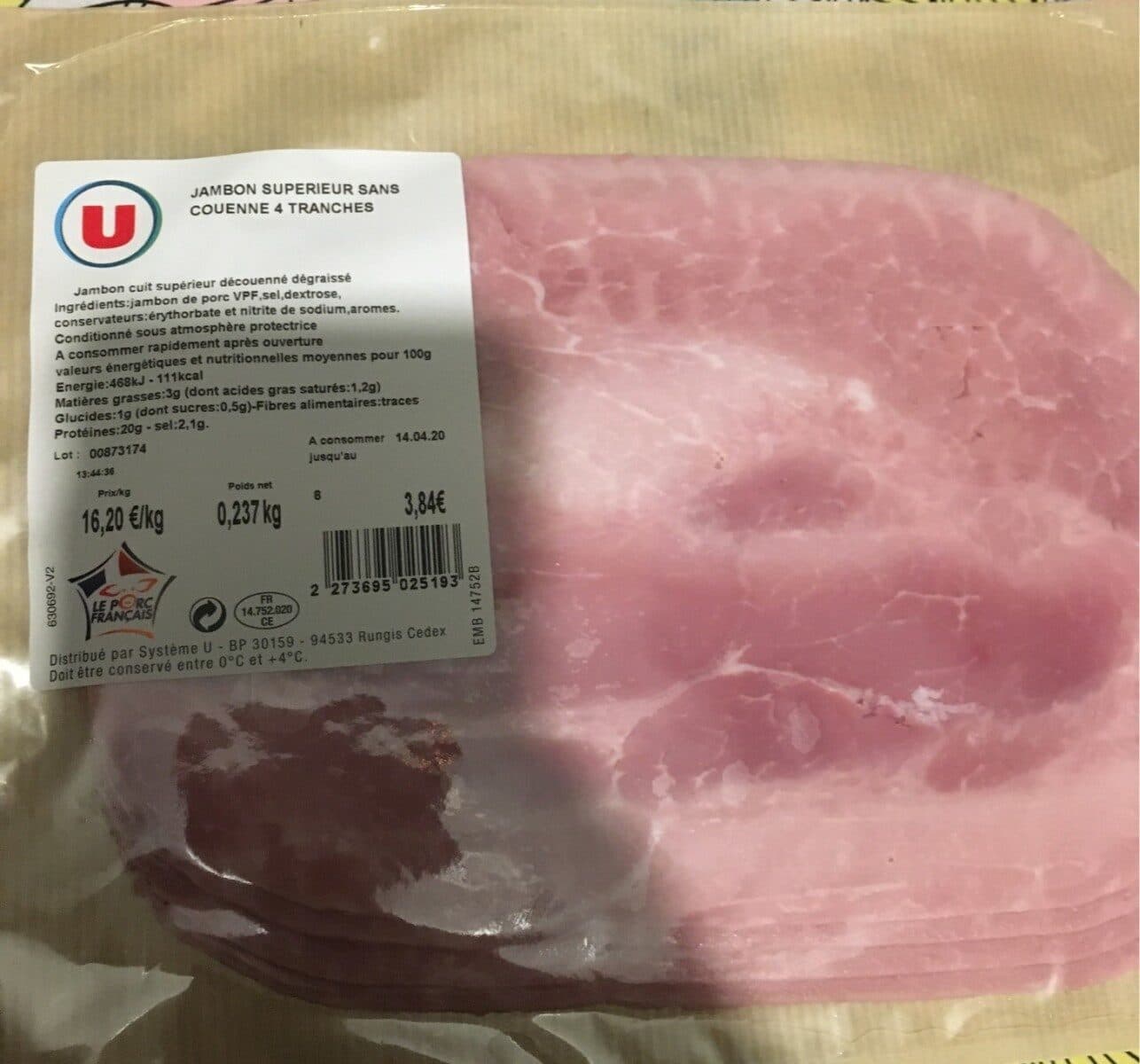 U Jambon superieur sans couenne 4 tranches packshot