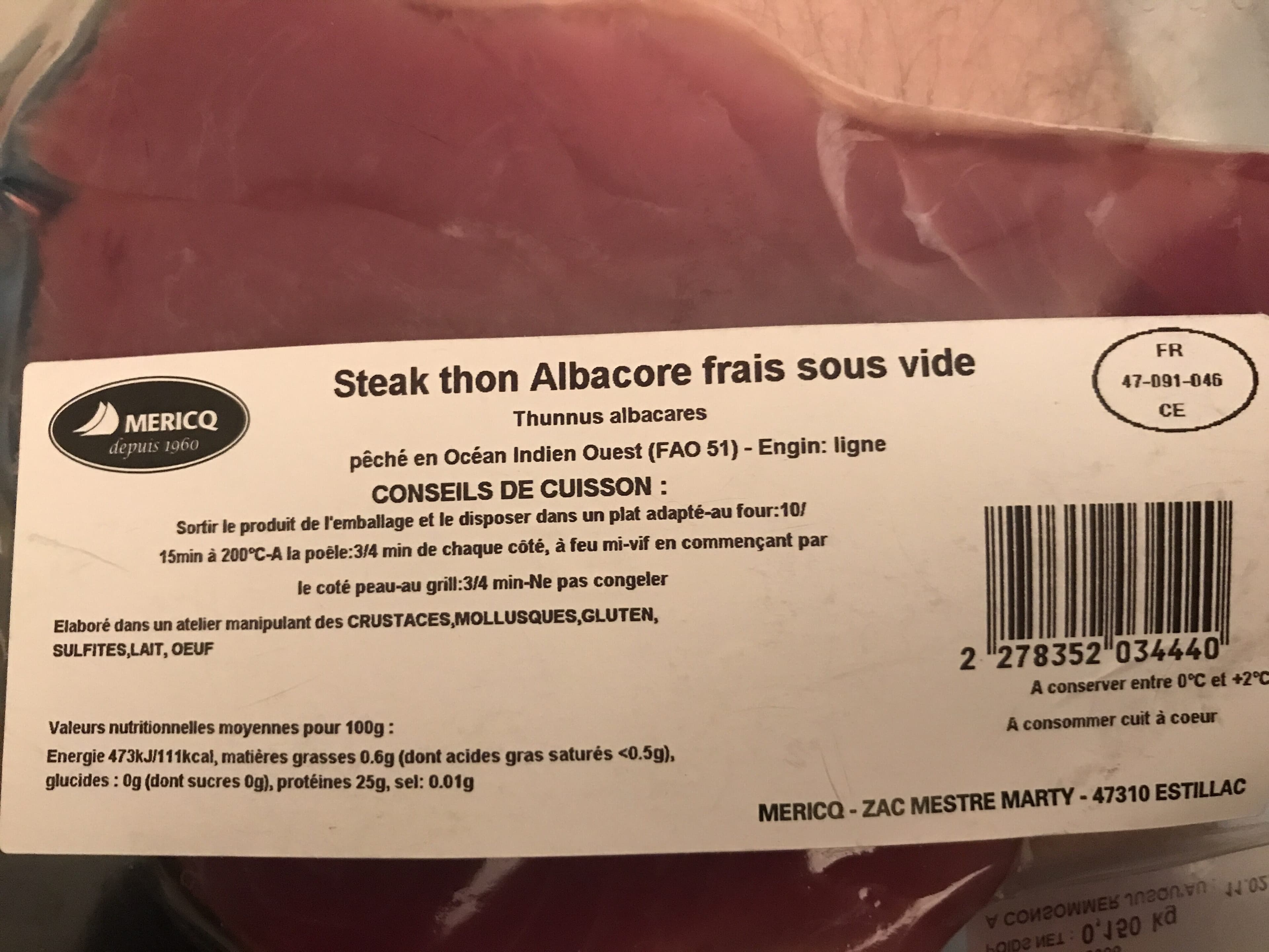 Mericq Steak thon albacore frais soys vide packshot