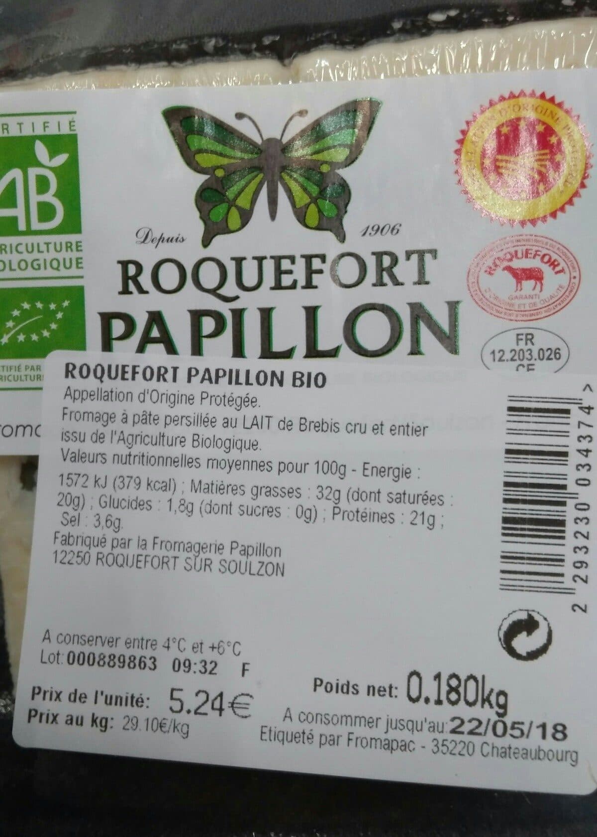 Open Food Facts Roquefort PAPILLON BIO packshot