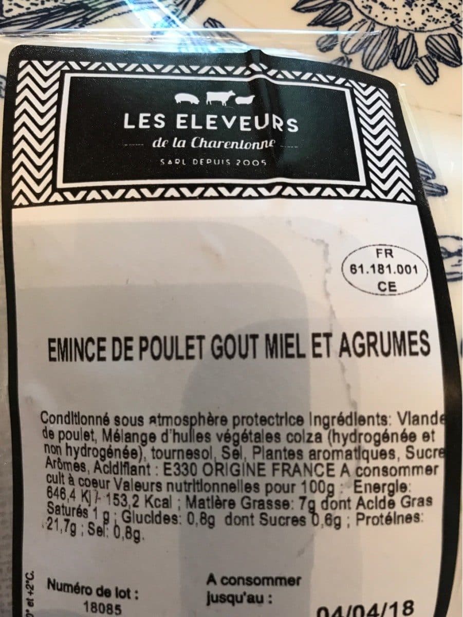 Les Eleveurs de la Charentonne Emince de poulet gout miel et agrumes packshot