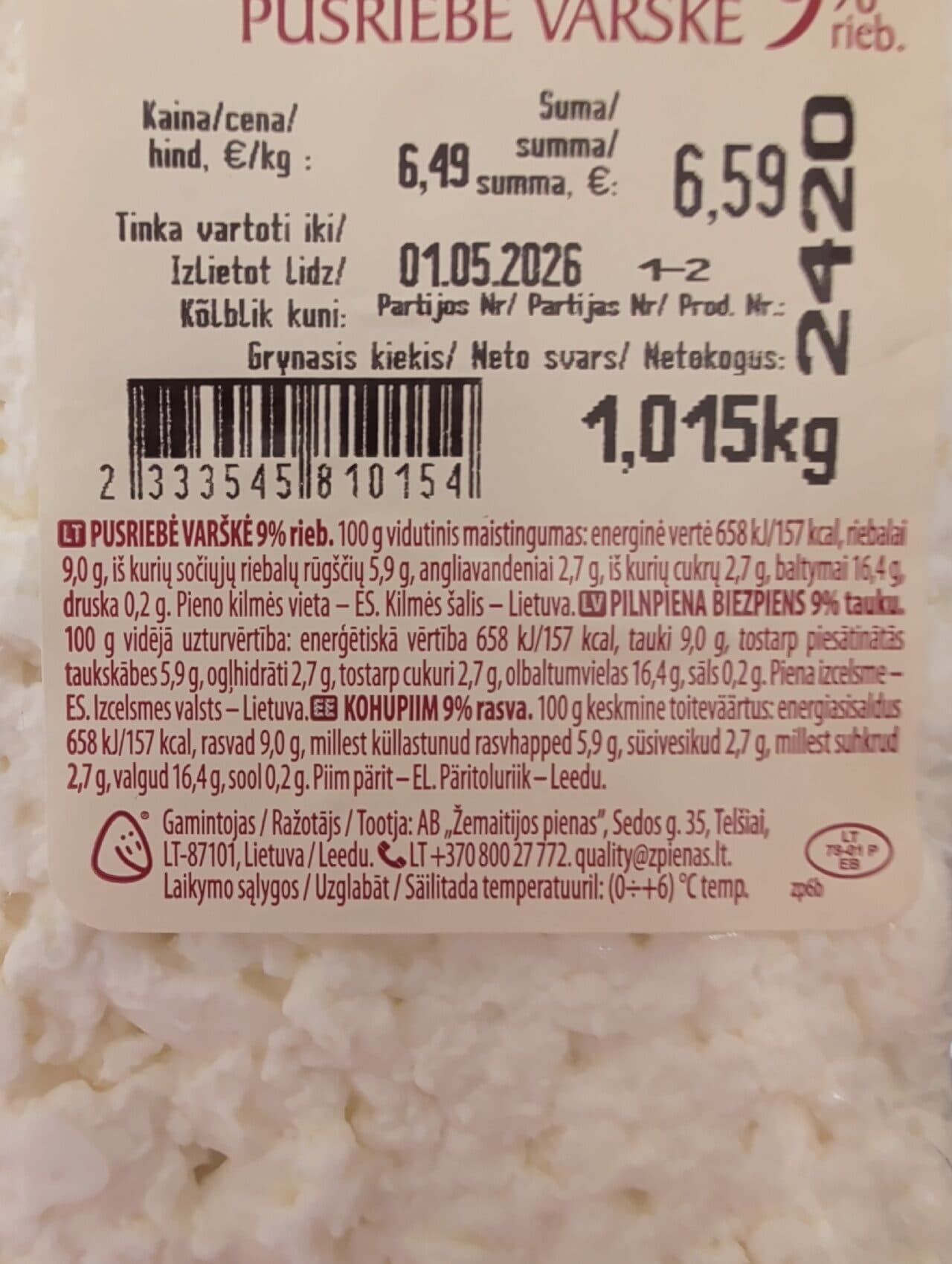 Žemaitijos Pusriebė Varškė packshot