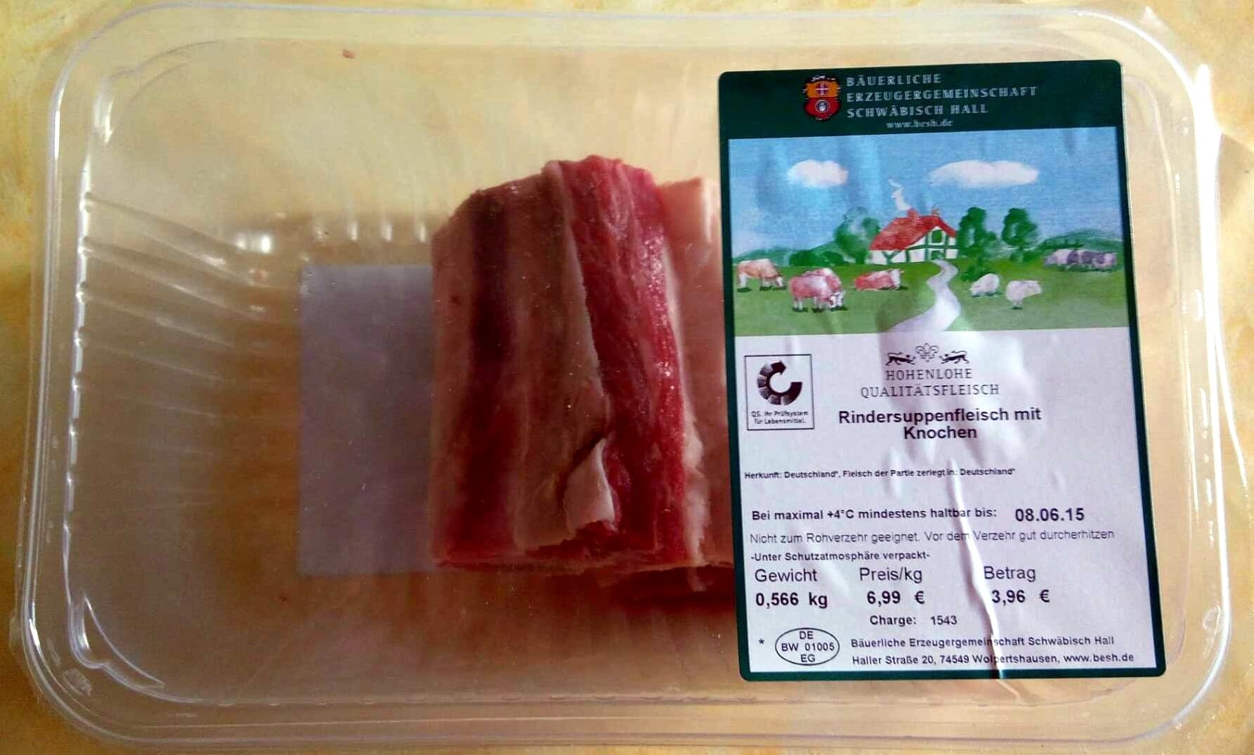 Hohenlohe Qualitätsfleisch Rindersuppenfleisch mit Knochen packshot