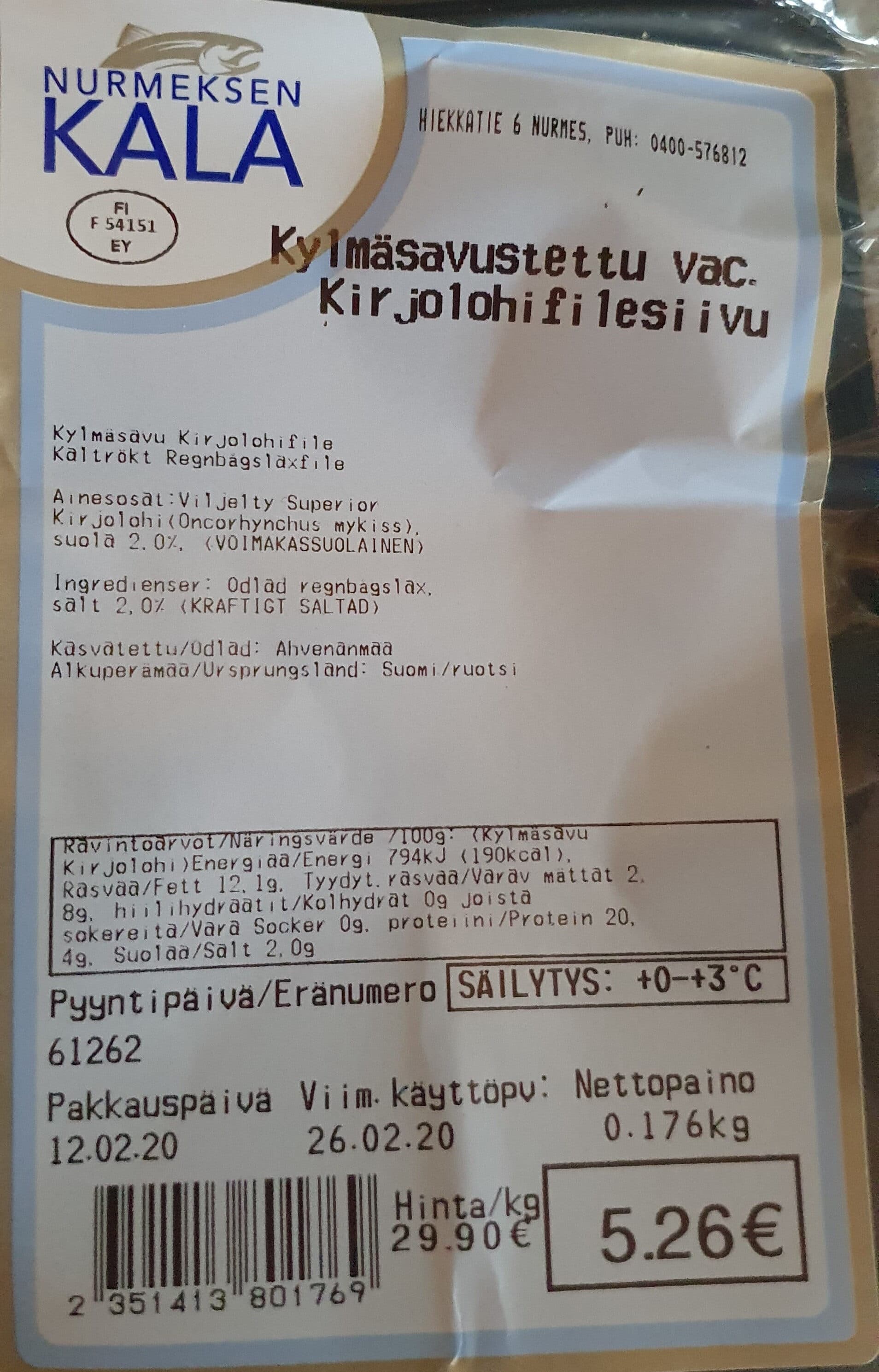 Nurmeksen kala Kylmäsavustettu Kirjolohifilesiivu packshot