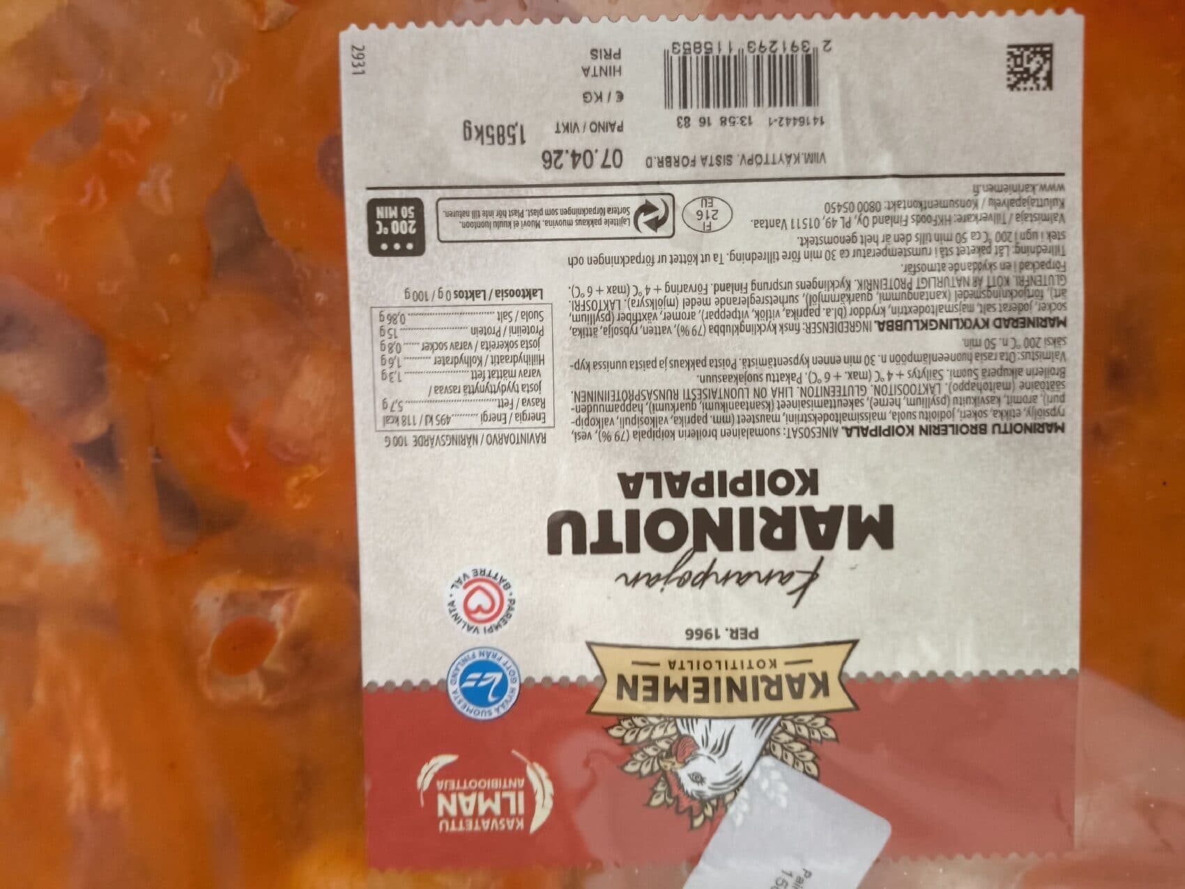 Kariniemen Marinated chicken legs for grill packshot