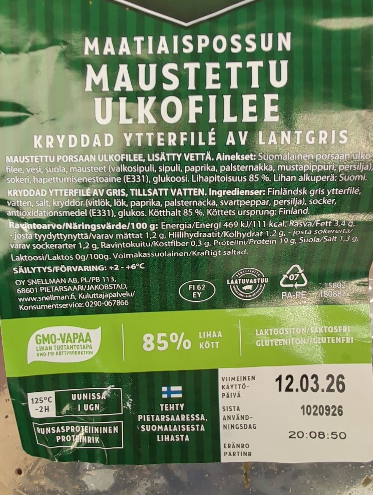 Snellman Maatiaispossun Maustettu Ulkofilee packshot