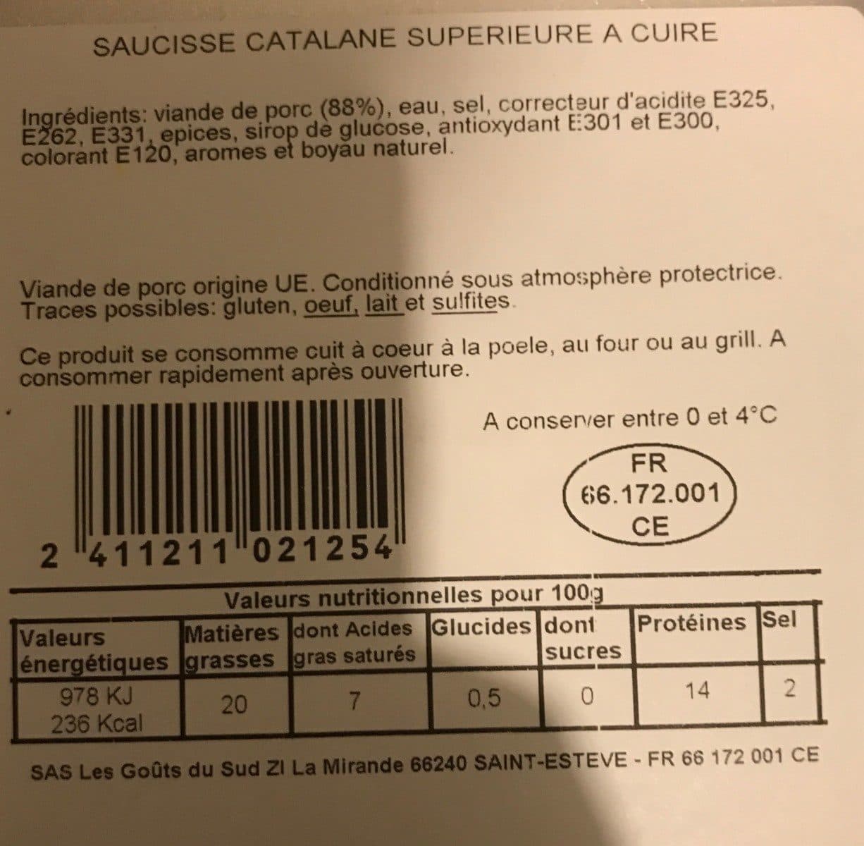 Open Food Facts Saucisse catalane superieure a cuire packshot