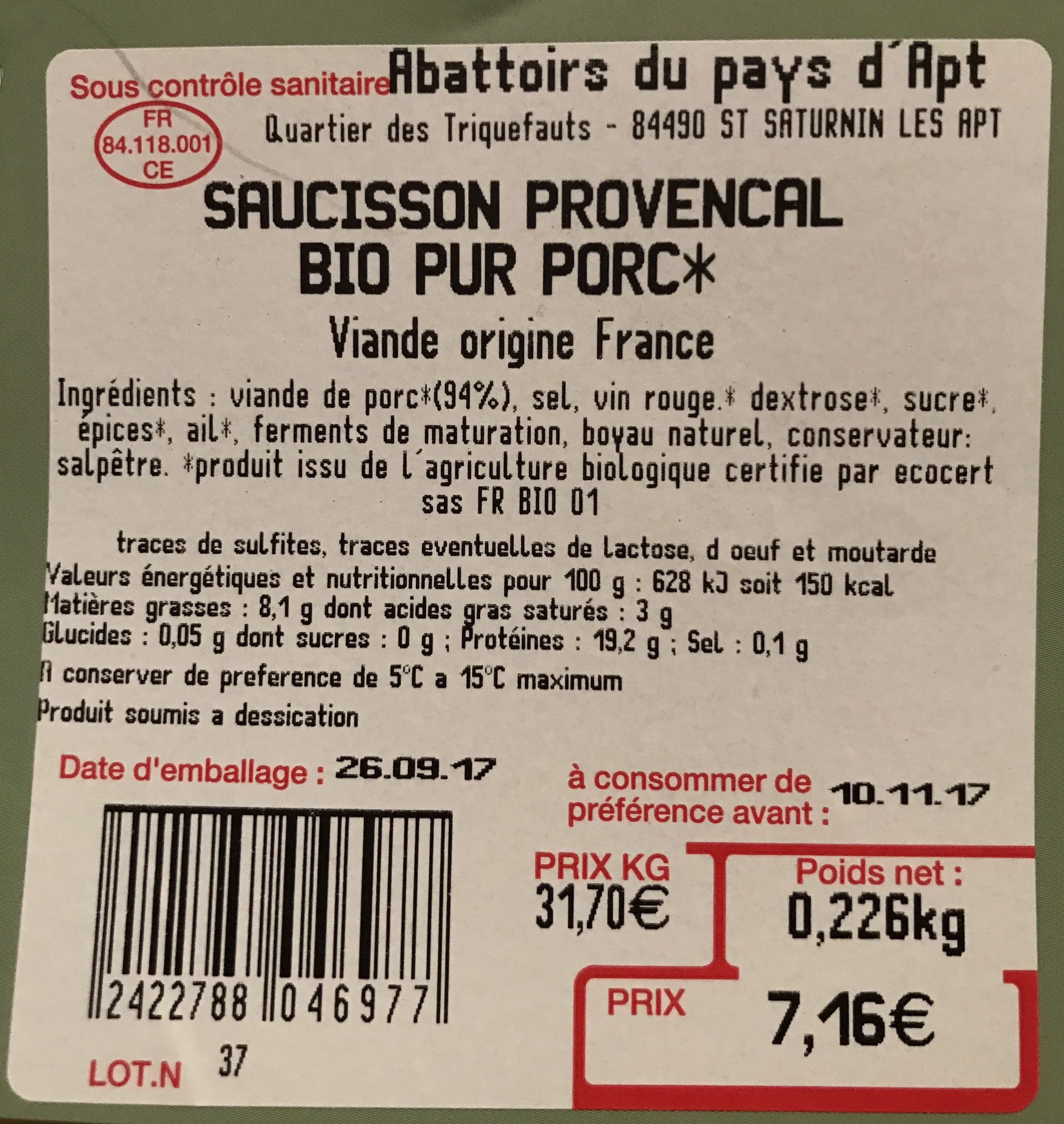 Abattoirs Du Pays D’Apt Saucisson provençal bio pur porc packshot