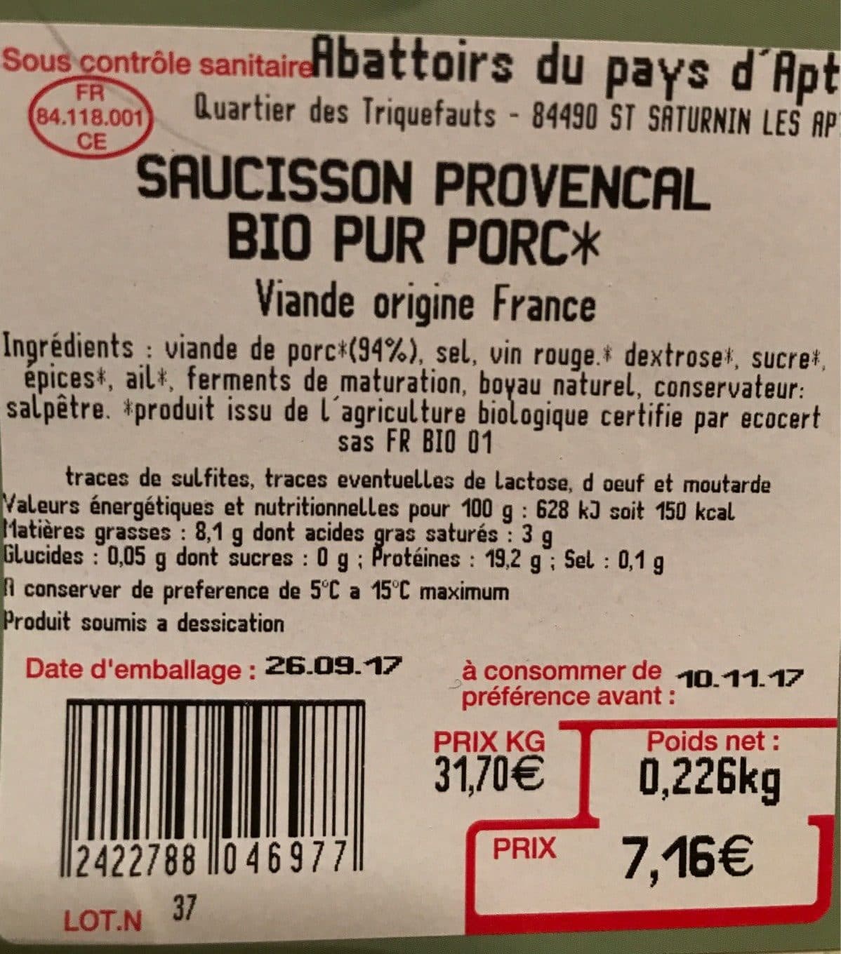 Abattoirs Du Pays D’Apt Saucisson provençal bio pur porc packshot