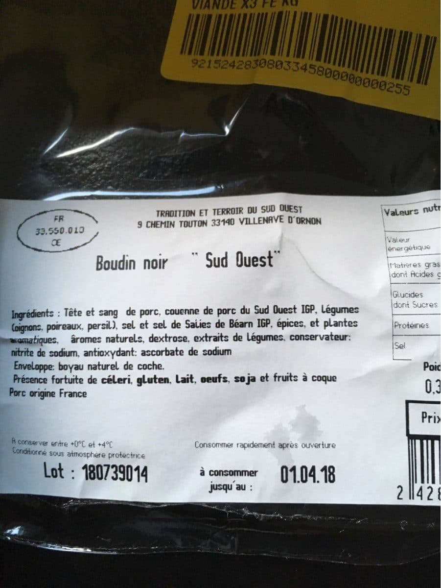 Open Food Facts Boudin noir sud ouest packshot