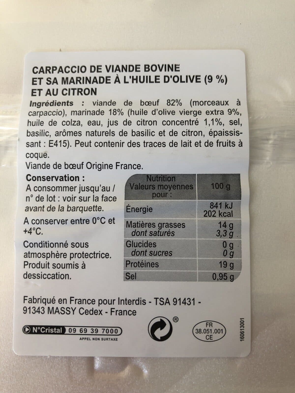 Open Food Facts Carpaccio de boeuf packshot