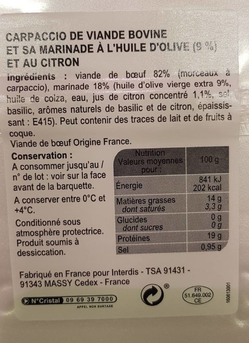 Open Food Facts Carpacio de boeuf huile d'olive et citron packshot