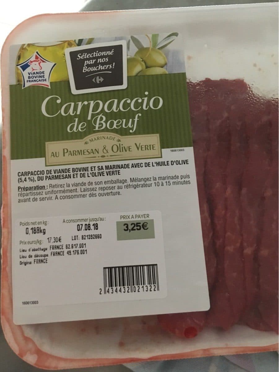 Open Food Facts Carpaccio de boeuf marinade huile d'olive parmesan packshot