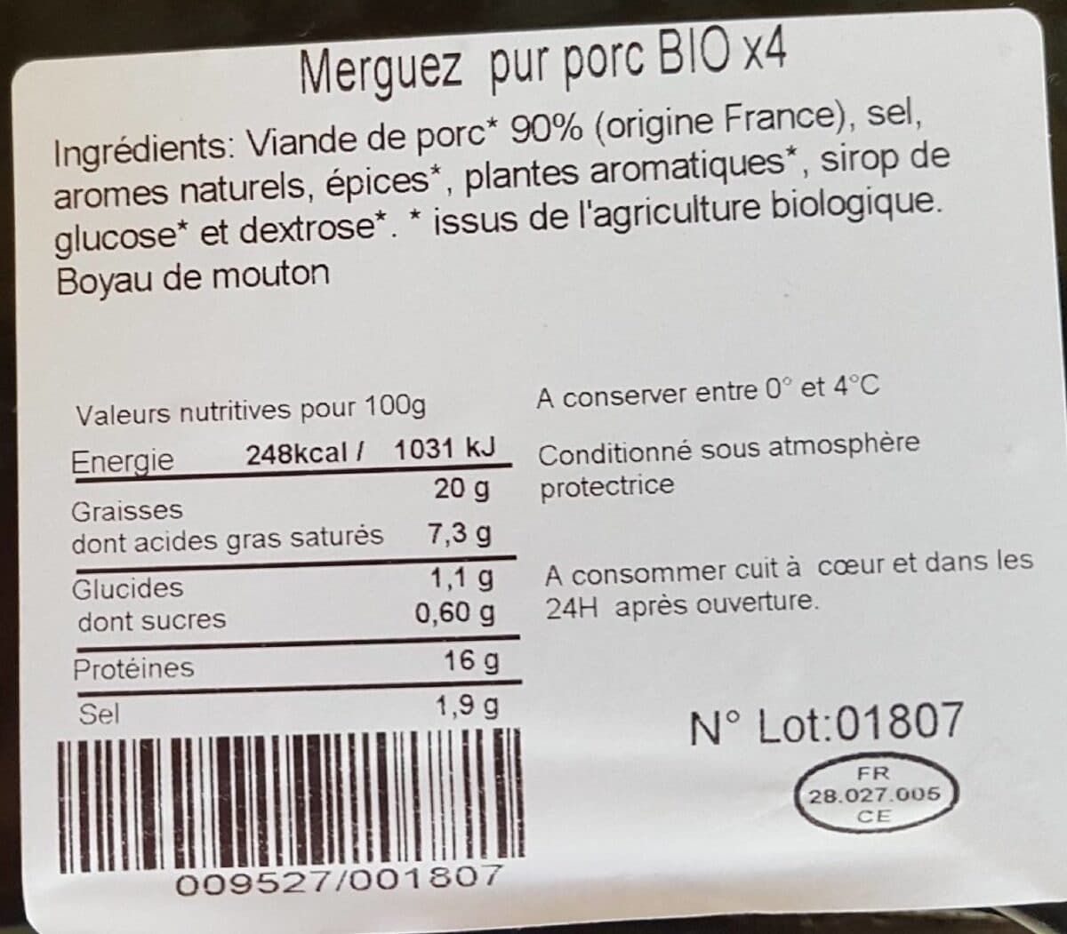 Open Food Facts MERGUEZ PUR PORC BIO X 4 packshot