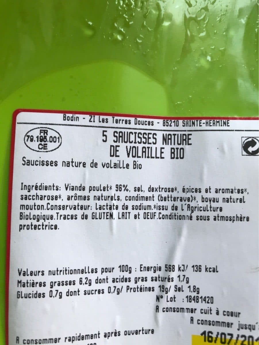 Open Food Facts Saucisse nature de volaille bio packshot
