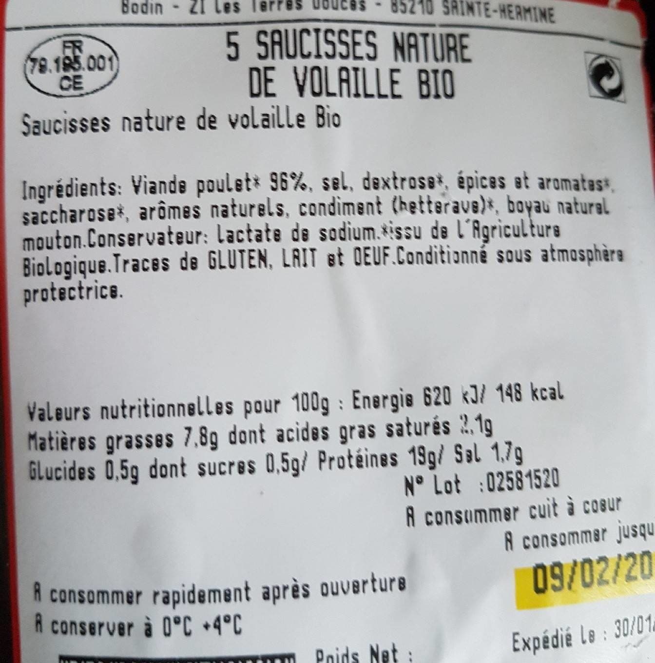 Nature de France Saucisse Nature de volaille Bio packshot