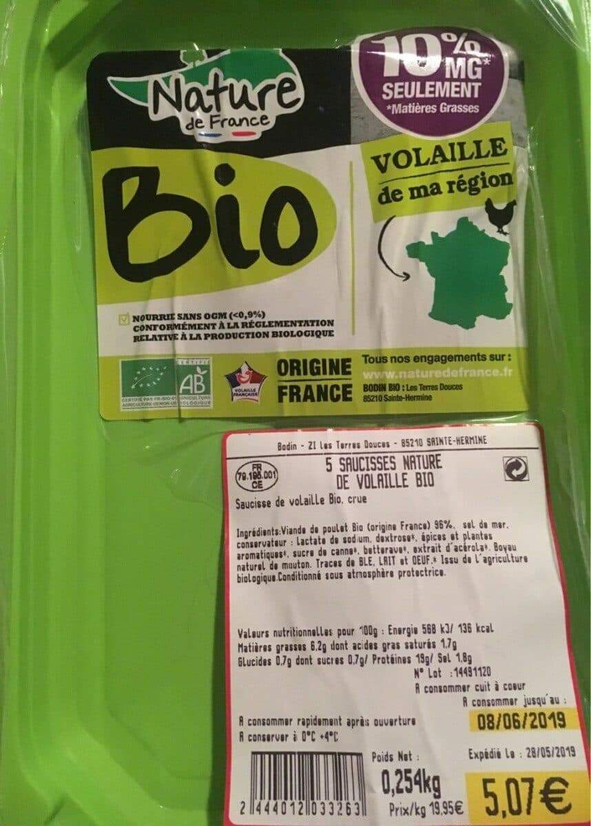 Nature de france 5 saucisses nature de volaille bio packshot