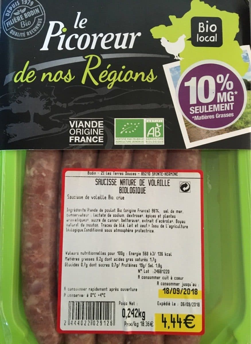 Open Food Facts Saucisses natures de volaille biologique packshot