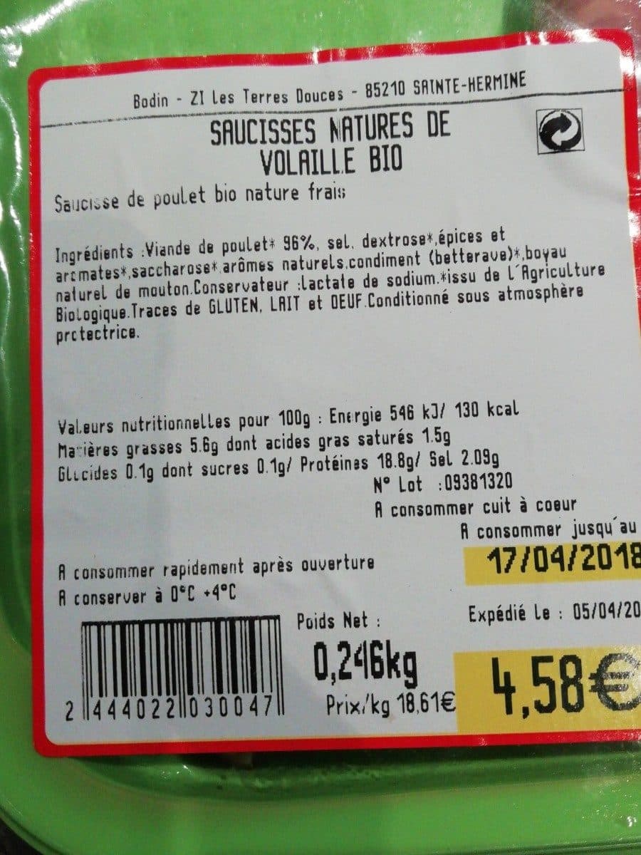 Open Food Facts Saucisses nature de volaille bio packshot