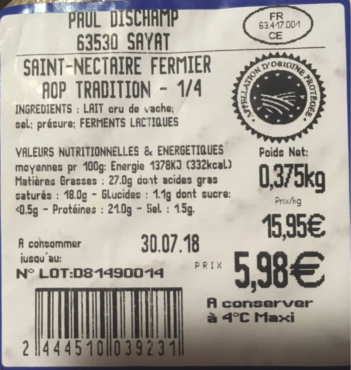 Open Food Facts Saint nectaire fermier au lait cru packshot