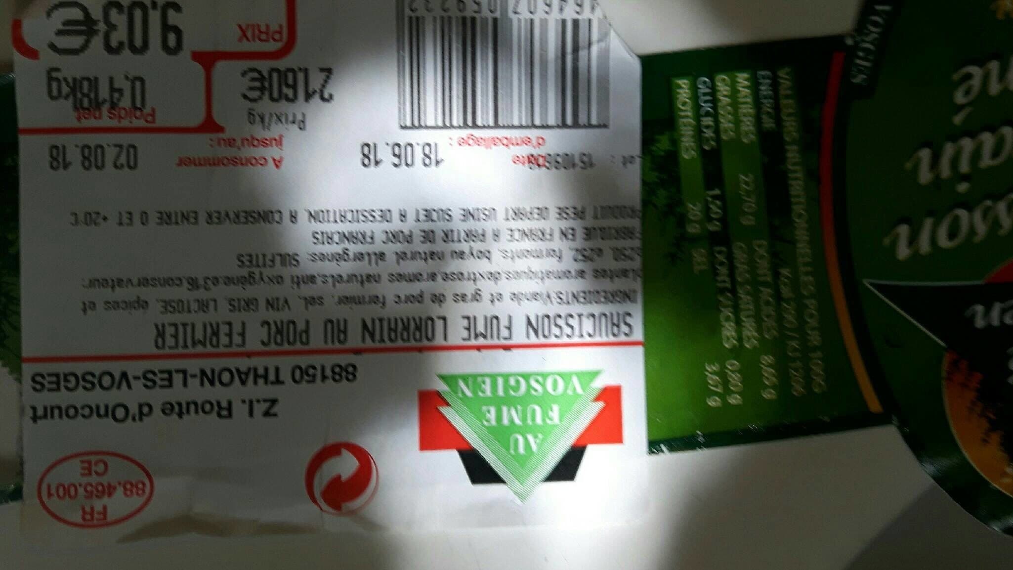Open Food Facts Saucisson Lorrain fumé packshot