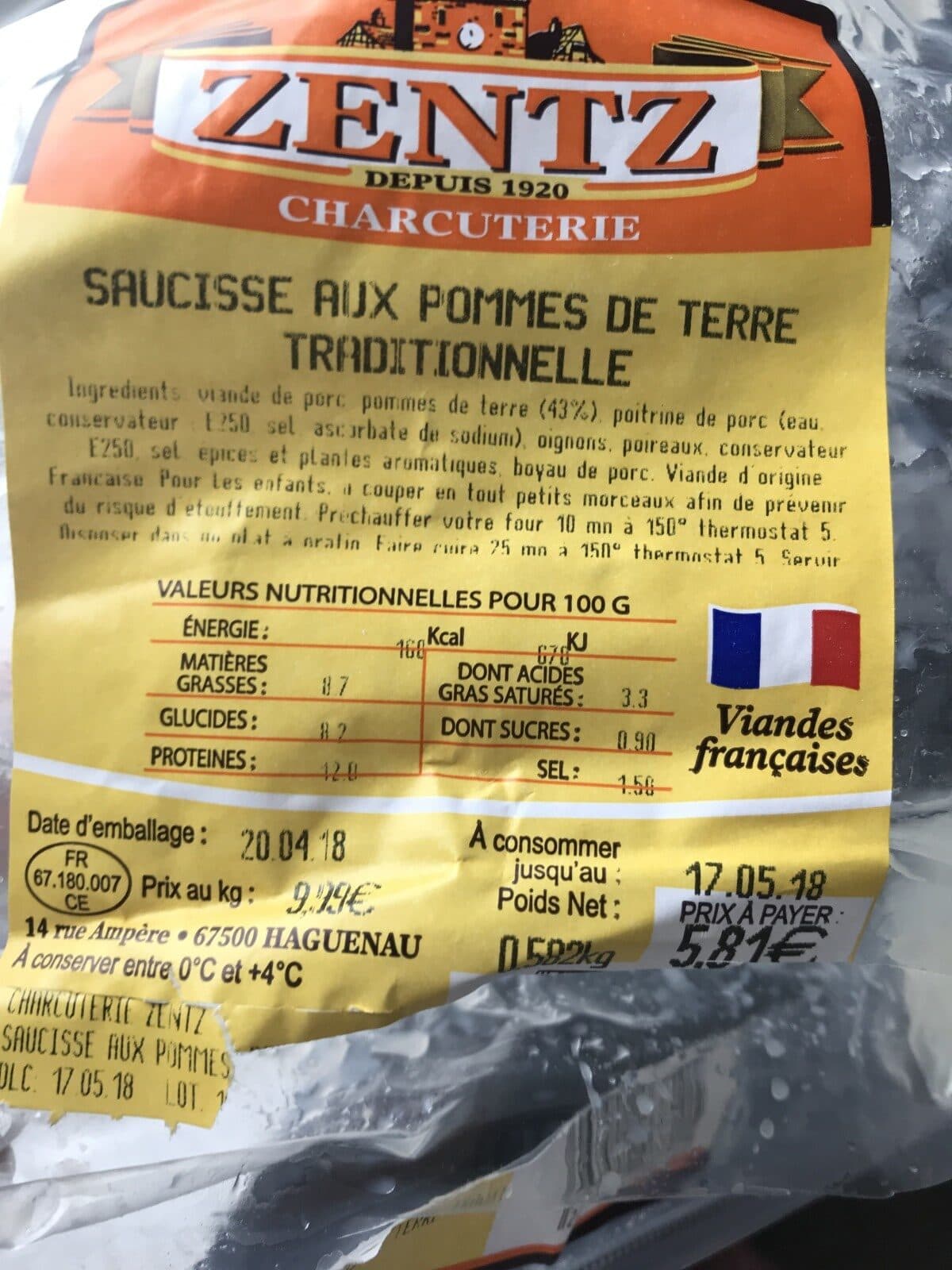 Open Food Facts saucisse aux pommes de terre traditionnelles packshot