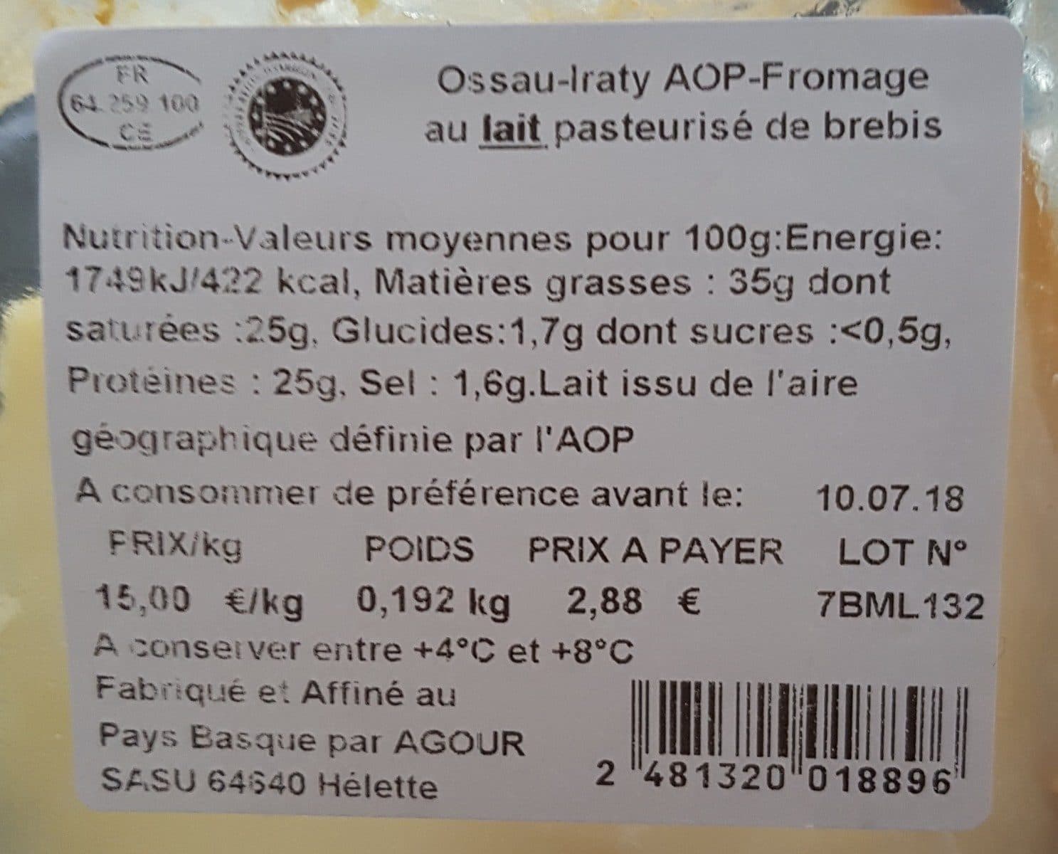 Open Food Facts Ossau iraty pur brebis packshot