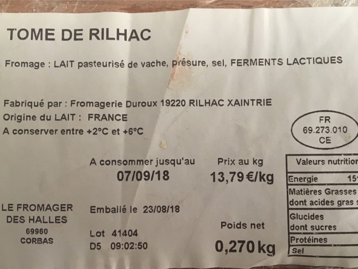 Le Fromager Des Halles TOME DE RILHAC packshot