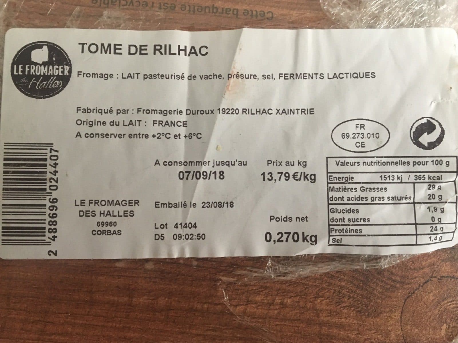 Le Fromager Des Halles TOME DE RILHAC packshot