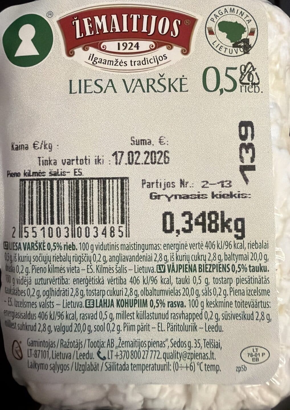 Žemaitijos Pienas Liesa Varškė packshot
