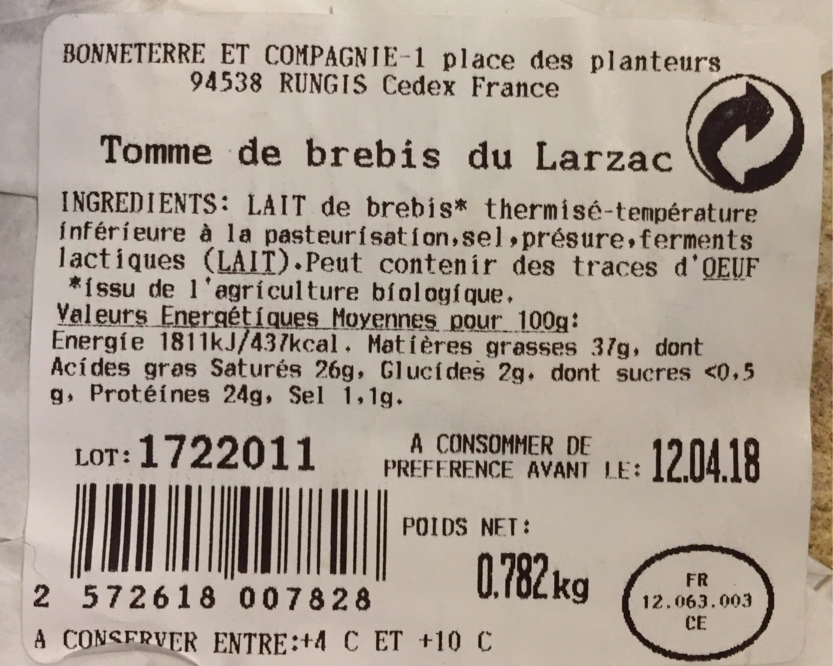 bonneterre tomme de brebis du Larzac packshot