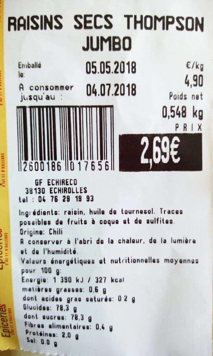 Open Food Facts Raisin sec Thompson Jumbo packshot