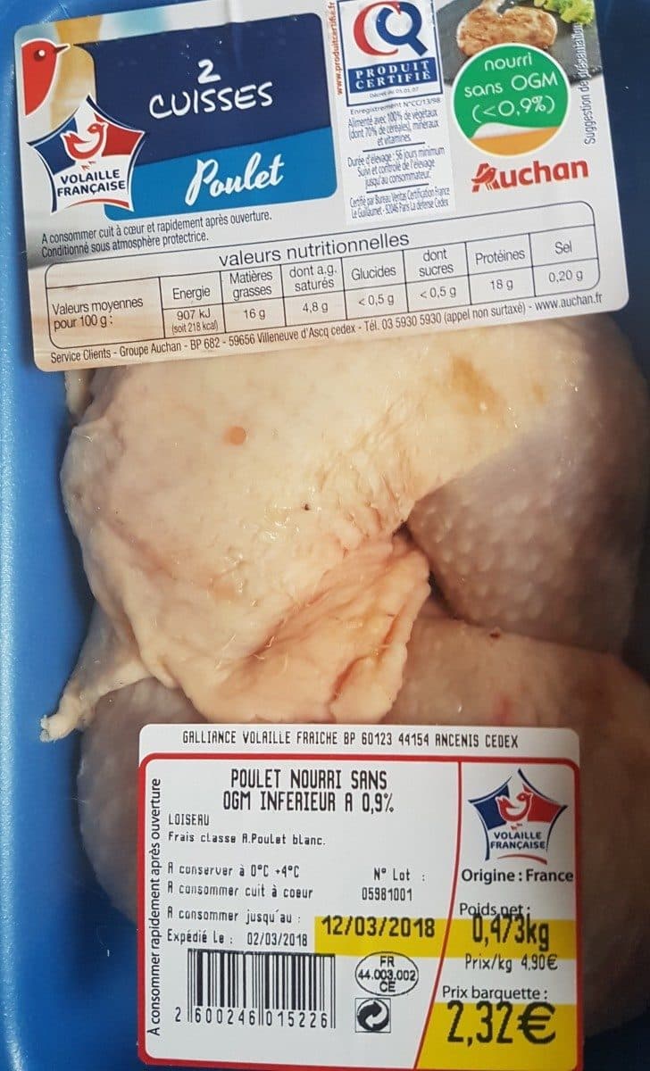 Open Food Facts 2 cuisses de poulet nourri sans ogm packshot