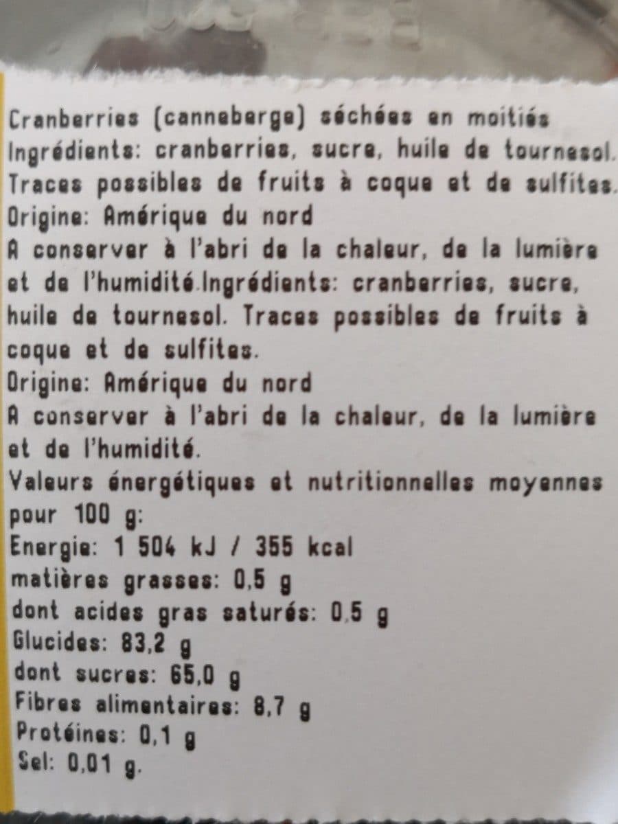 Open Food Facts Cranberries séchées en moitiés packshot