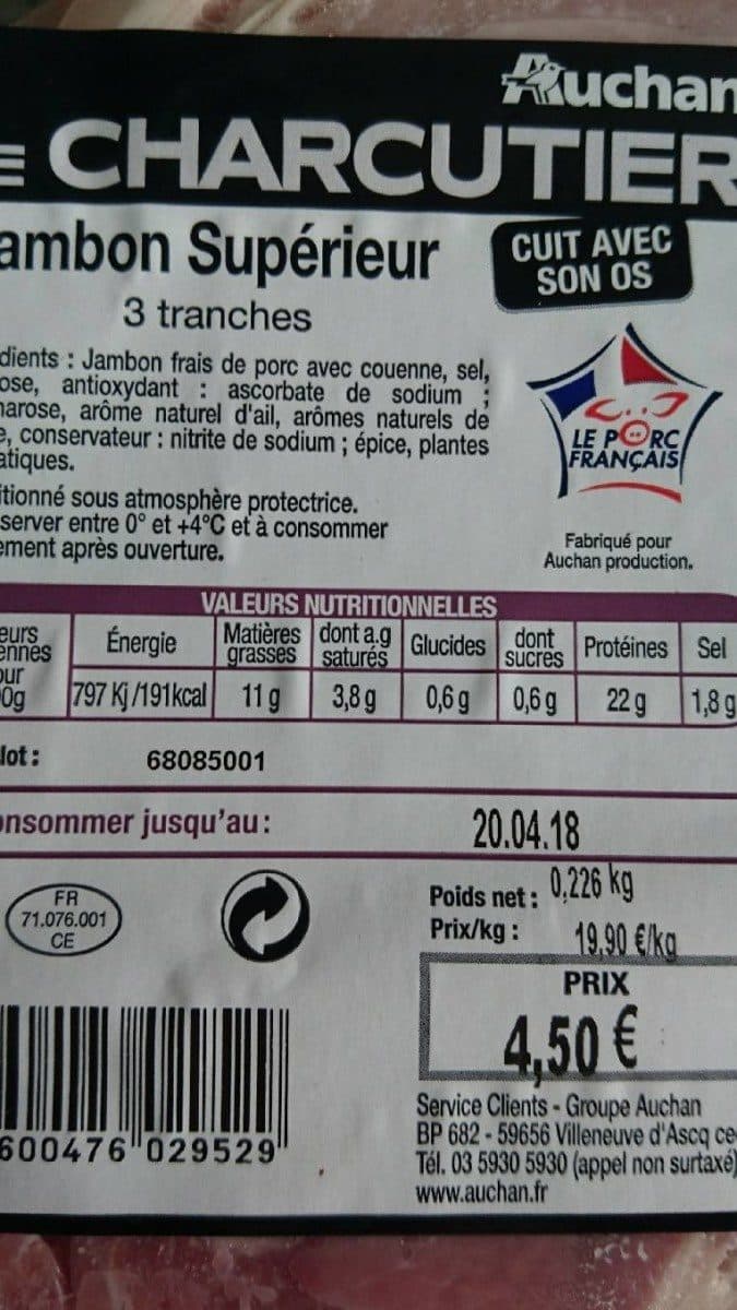 Auchan Le charcutier Jambon supérieur packshot
